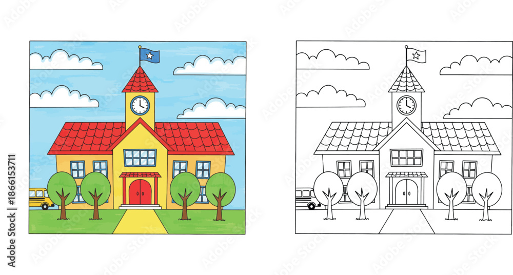 Fototapeta premium School Building Illustration and Coloring Page for Kids, Educational Background with School Bus and Trees, Vector Cartoon Style Schoolhouse Design for Students Back to School Activity