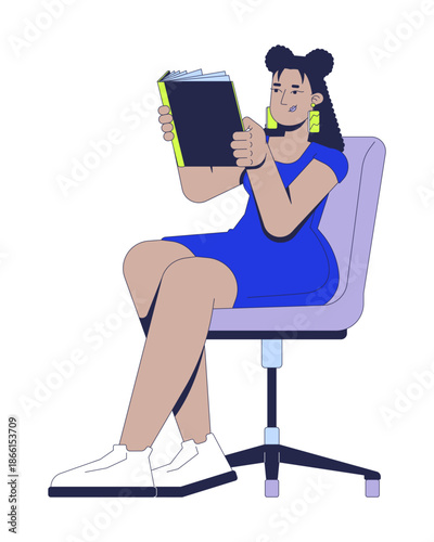 Latina woman reading book on office chair 2D cartoon character. Daily knowledge. Hispanic curly hair curvy girl with offline hobby flat vector person isolated on white. Spot illustration colorful
