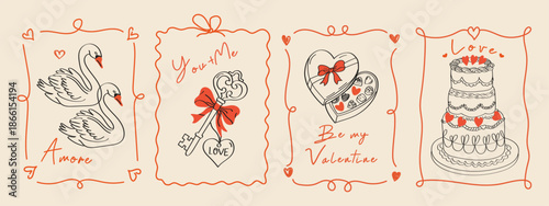 Vintage Valentine’s Day card set with heart, swans, cake, candies and romantic line art illustrations. Elegant coquette template for poster, invitation, menu, celebration, branding, labels