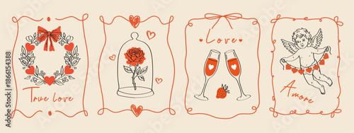 Vintage Valentine’s Day card set with romantic hand drawn elements. Cute hearts, Cupid doodle, rose and bows in elegant coquette line art style.Vector templates for posters, invitations, menus, brandi