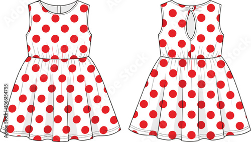 White sleeveless dress with red polka dots, round neckline, keyhole back, flared skirt, front and back view, transparent background