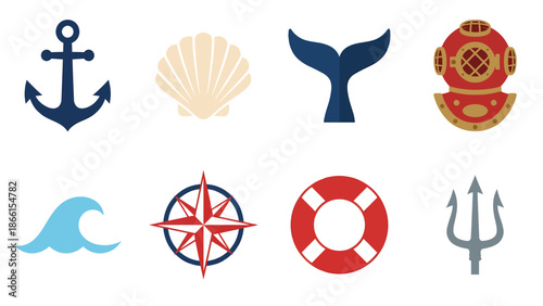 Nautical Symbols Collection: Anchor, Shell, Whale Tail, Diving Helmet, Waves, Compass, Lifebuoy, Trident