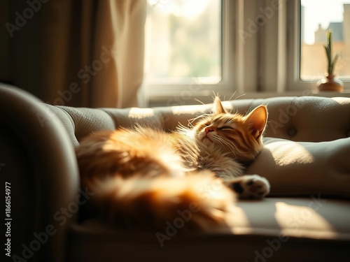 Soft focus embrace, a furry confidant dreams of chasing sunbeams on a plush settee ,  living room,  plush