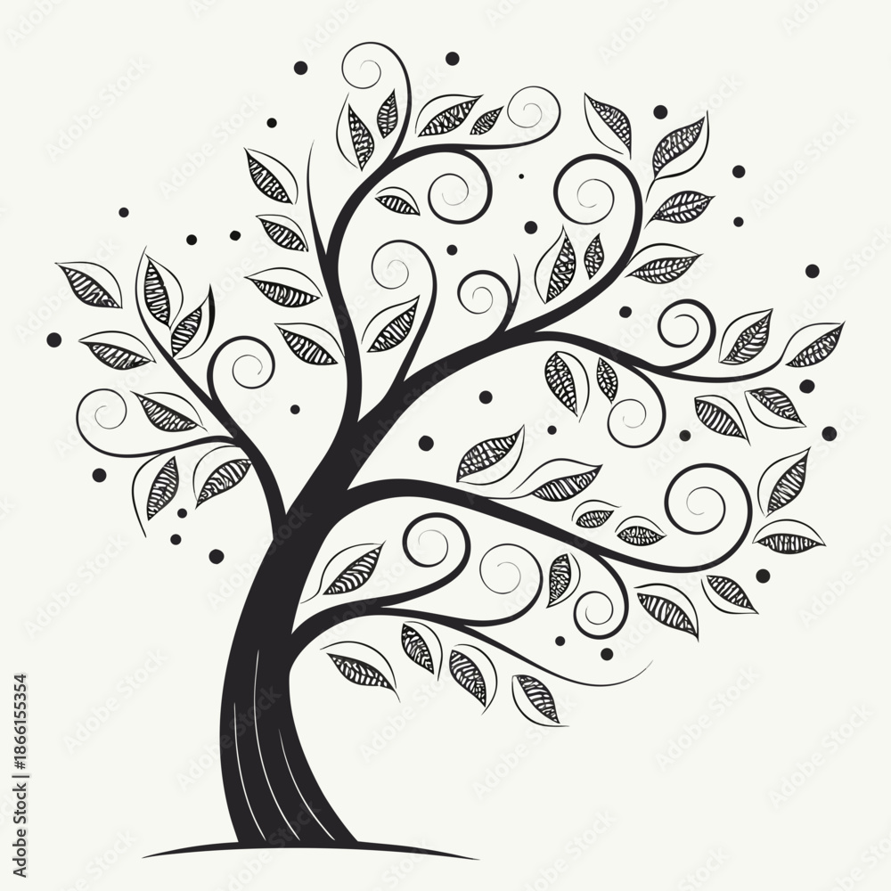 Obraz premium Minimalistic Vector Illustration of a Tree with Stylized Swirling Branches, Nature and Growth Concept Art