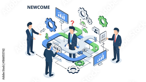 Strategic integration and evaluation process for new business professionals, with a team collaborating on data-driven decision making and problem-solving