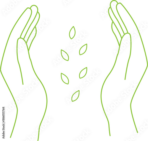 Abstract green line icon showing two human hands gently cupping and protecting falling leaves, representing ecology, growth, and sustainable nature care.
