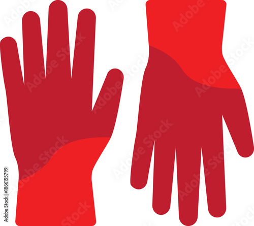 Trendy flat vector illustration of bright red protective work gloves, symbolizing safety and essential equipment for gardening, cleaning, and manual labor.