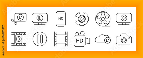 Media set icon. Play, pause, monitor, HD, film, reel, cloud, camera, screen, tape, record, entertainment, video, cinema, streaming, content, interface
