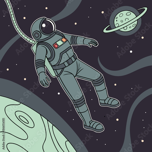 Sci-Fi Astronaut in a Spacesuit Floating in Zero Gravity, Futuristic Space Exploration Illustration with Galactic Theme