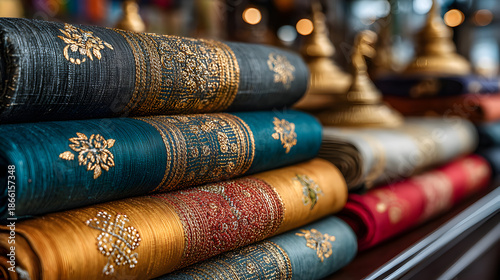 Stack of Decorative Hardcover Books with Gold Embellishments.