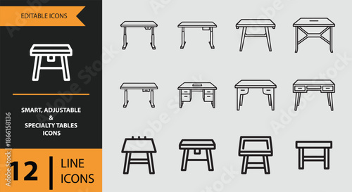 Collection of editable line icons featuring smart, adjustable, and specialty tables.