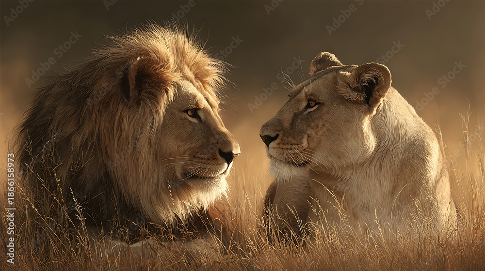 Fototapeta premium Lion and lioness looking at each other in tall dry grass