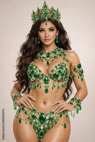 Luxury Emerald Gemstone Bikini Woman with Jeweled Crown on Neutral Background