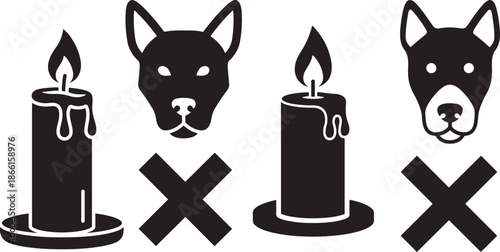 Caution canine candle cross silhouette symbol set