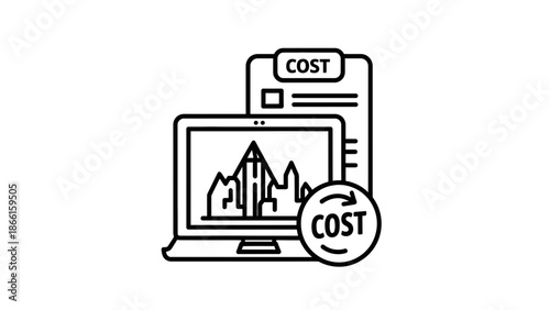 Cost Analysis Icon: Laptop, Clipboard with Cost Document, and Circular Arrow