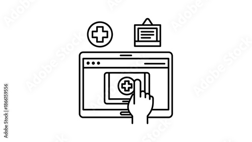 Digital Health Icon Set: Medical Cross, Clipboard, and Hand on Screen