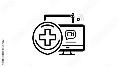 Digital health icon with computer, shield, and plus sign, medical technology concept