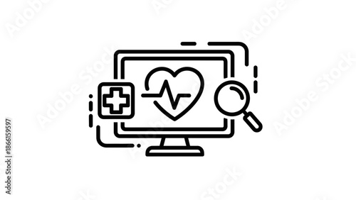Digital Health Monitoring Icon: Computer, Heartbeat, Magnifying Glass, Medical Cross