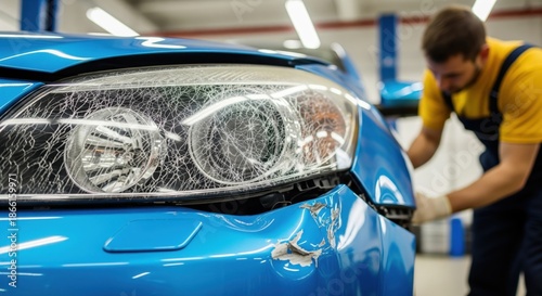 Close-up of severely cracked car headlight and scraped blue bumper in an auto body repair shop