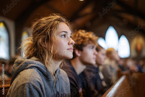 A high school students seated in wooden pews inside a school chapel, listening.