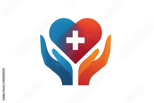 A logo with a heart being hugged by to hands, with a.