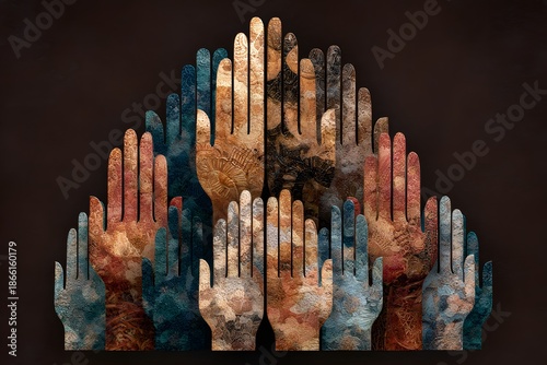 A logo of hands folded in prayer made up of other hands.