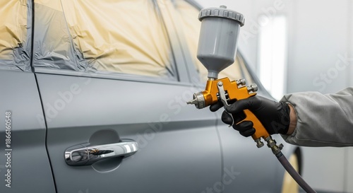Professional holding a spray paint gun ready to refinish the body panel of a car in a paint booth.
