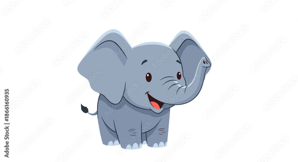 Fototapeta premium Cute cartoon baby elephant with big ears and trunk raised.