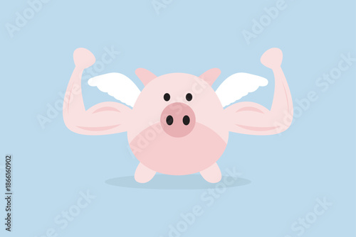 Strong financial health, pink piggy bank with muscle arms and flying wings prepared to battle for trade benefit