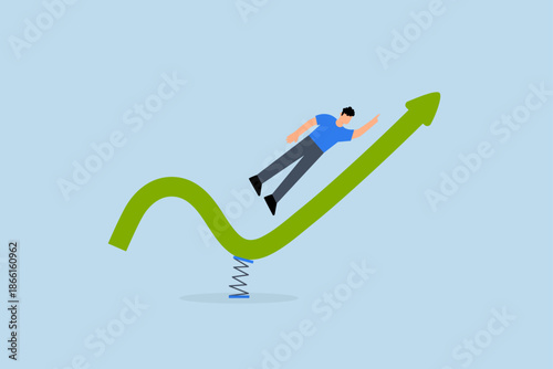 Stock market rebound, businessman jumping high on trampoline with green rising performance arrow chart