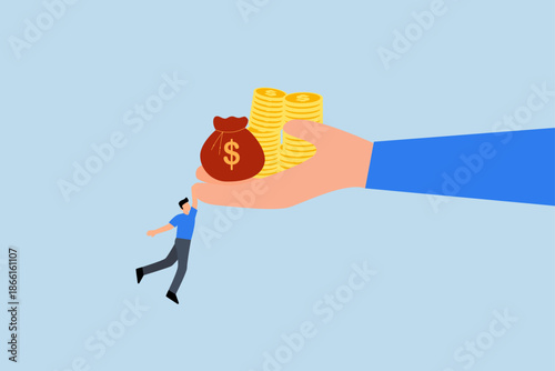 High risk high return,  finance manager financial backer holding large hand tight with cash coins