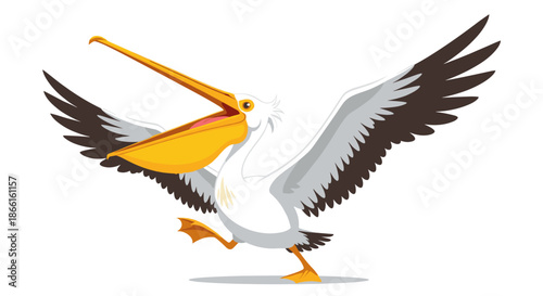 Pelican flying with open beak and wings spread wide.