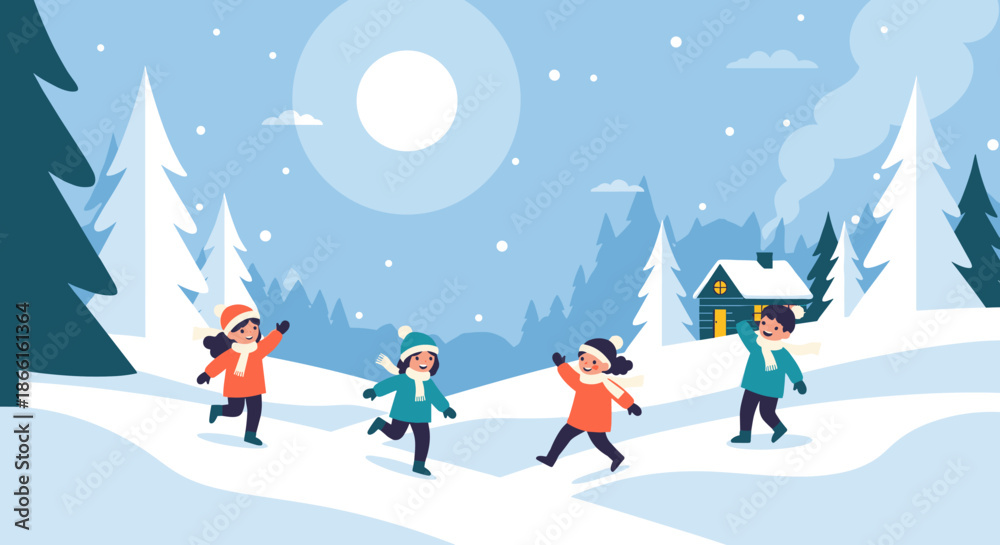 Fototapeta premium Children playing in the snow during winter season.