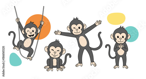 Cute Cartoon Monkeys Swinging and Posing Fun Characters.