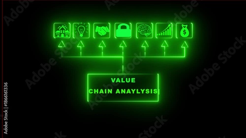 3d digital illustration of a glowing  neon bar sign with text value chine analysis a glowing light symbol for a modern business design concept on a black night background.