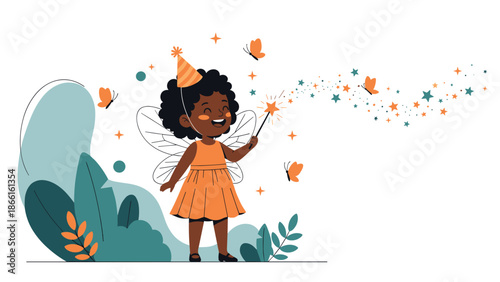 Joyful girl with curly dark hair dressed in a fairy costume with wings and a party hat while waving a magic wand that leaves a trail of stars.