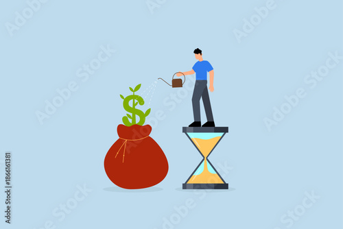 Saving and investment account, Businessman investor standing on sandglass, watering growing sprout from money bag
