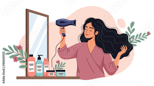 Young woman with long dark hair drying her hair with a blow dryer while looking into a vanity mirror surrounded by beauty products and plants.