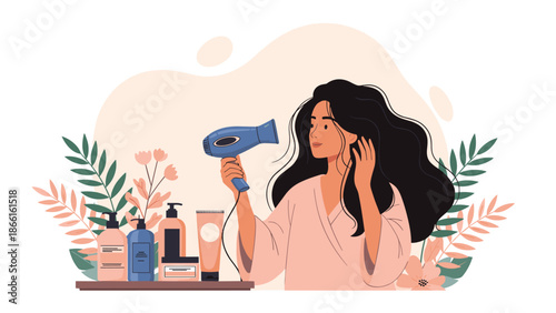 Beautiful young woman with long wavy dark hair using a blue blow dryer as part of her beauty routine surrounded by various hair care products.