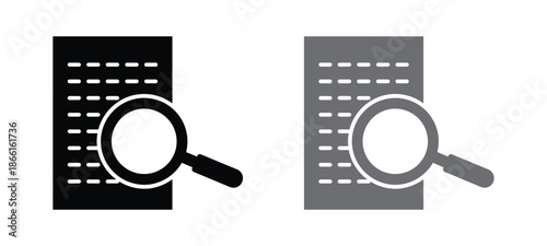 Magnifying glass icons for search and investigation. This is an illustration of a document and magnifying glass icon (investigation mark). Overview icons in black line and filled versions.