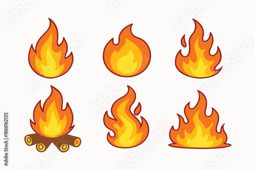  Cartoon Campfire and Red Hot Fire Flames Vector Illustration Set