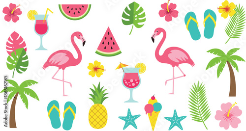 Tropical summer cartoon vector set with flamingos fruits cocktails palm trees beach vacation elements