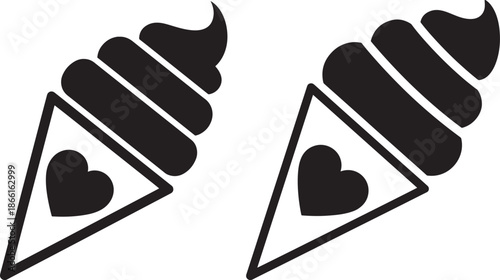 Silhouette of ice cream cone with heart icons set