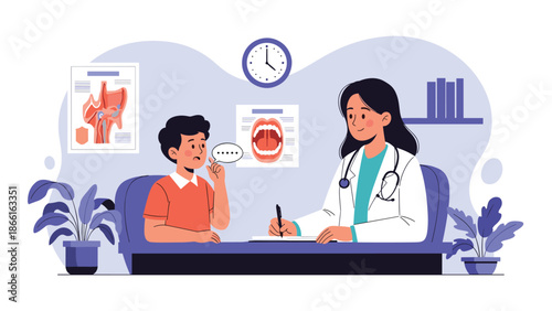 Female pediatrician consulting with a young boy in a medical office while taking notes and showing throat anatomical diagrams during a checkup.