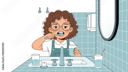 Cute young girl with curly hair and glasses diligently brushing her teeth at a sink in a tiled blue bathroom during her morning routine.