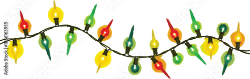 This image shows a string of brightly colored lights in yellow, red, and green, arranged along a dark black wire.