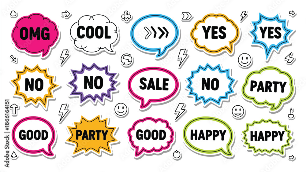 Obraz premium Colorful Hand-Drawn Doodle Speech Bubbles and Comic Style Text Boxes Vector Illustration Set.