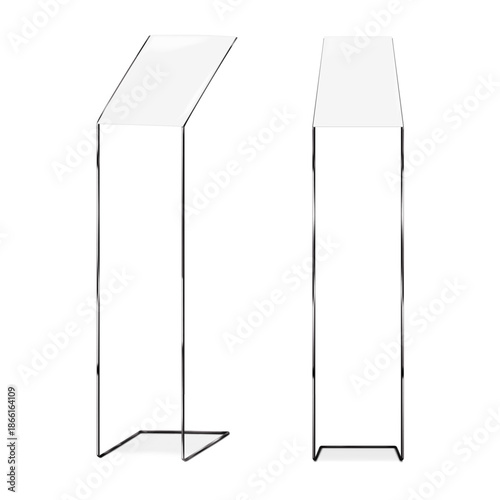 Blank white advertising sign on black metal frame. Realistic vector mockup. Floor poster display stand. 3d mock-up. Template for design