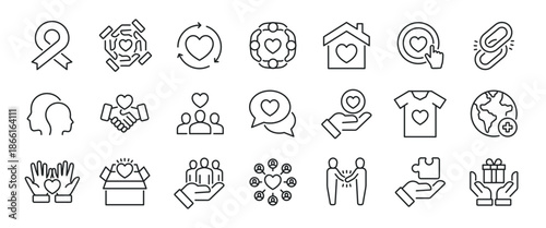 Charity thin line icons. Editable stroke. Icon for design infographic, website, banner, brochure, presentation, logo, app, ui, ux etc. Vector illustration