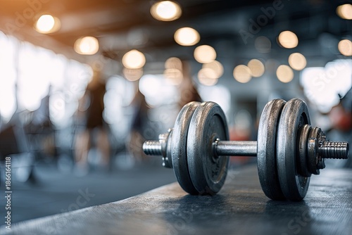 A closeup of a dumbbell resting on a bench with a blurry gym background, lights, and figures